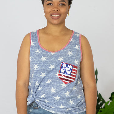 e. Luna Star Spangled Full Size Printed Sequin Pocket Tank - LXM Fashion 