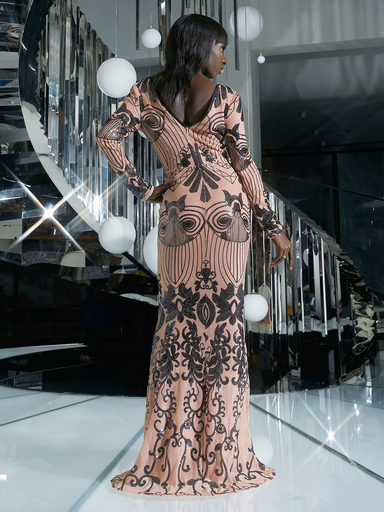 Baroque Sequin V-Neck Spliced Mesh Dress