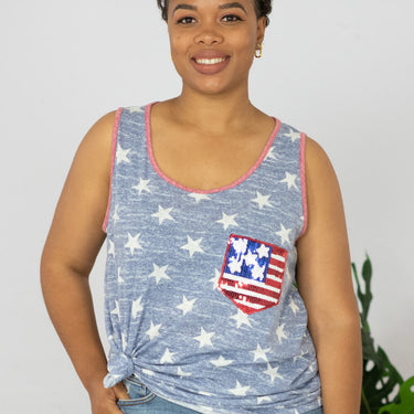 e. Luna Star Spangled Full Size Printed Sequin Pocket Tank - LXM Fashion 
