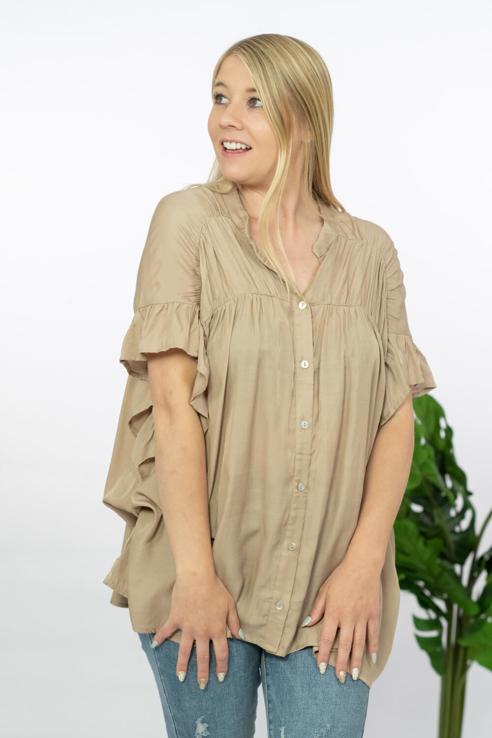 BiBi One Love Shirred Button-Down Shirt