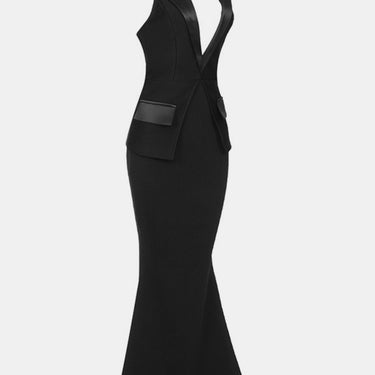 Halter Neck Lapel Collar Knit Fishtail Dress - LXM Fashion 