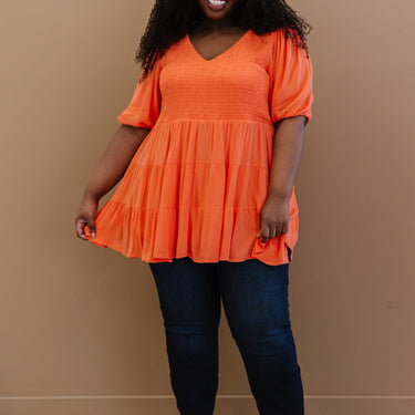 Davi & Dani One-Way Ticket Smocked Tiered Babydoll Blouse - LXM Fashion 