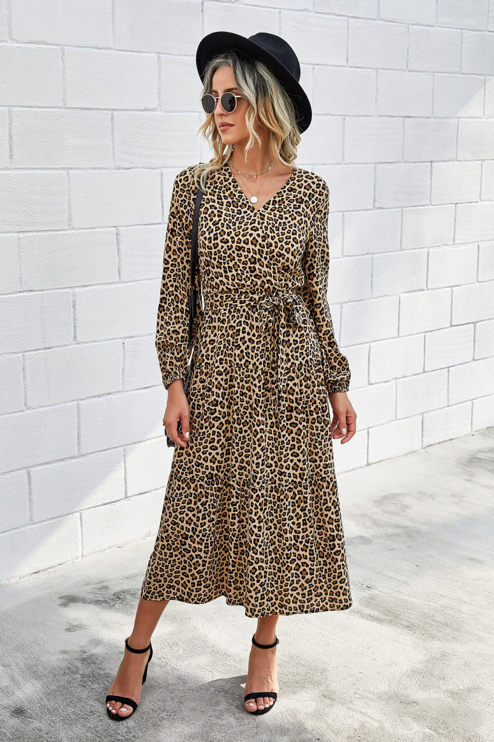 Printed V Neck Belted Dress - LXM Fashion 