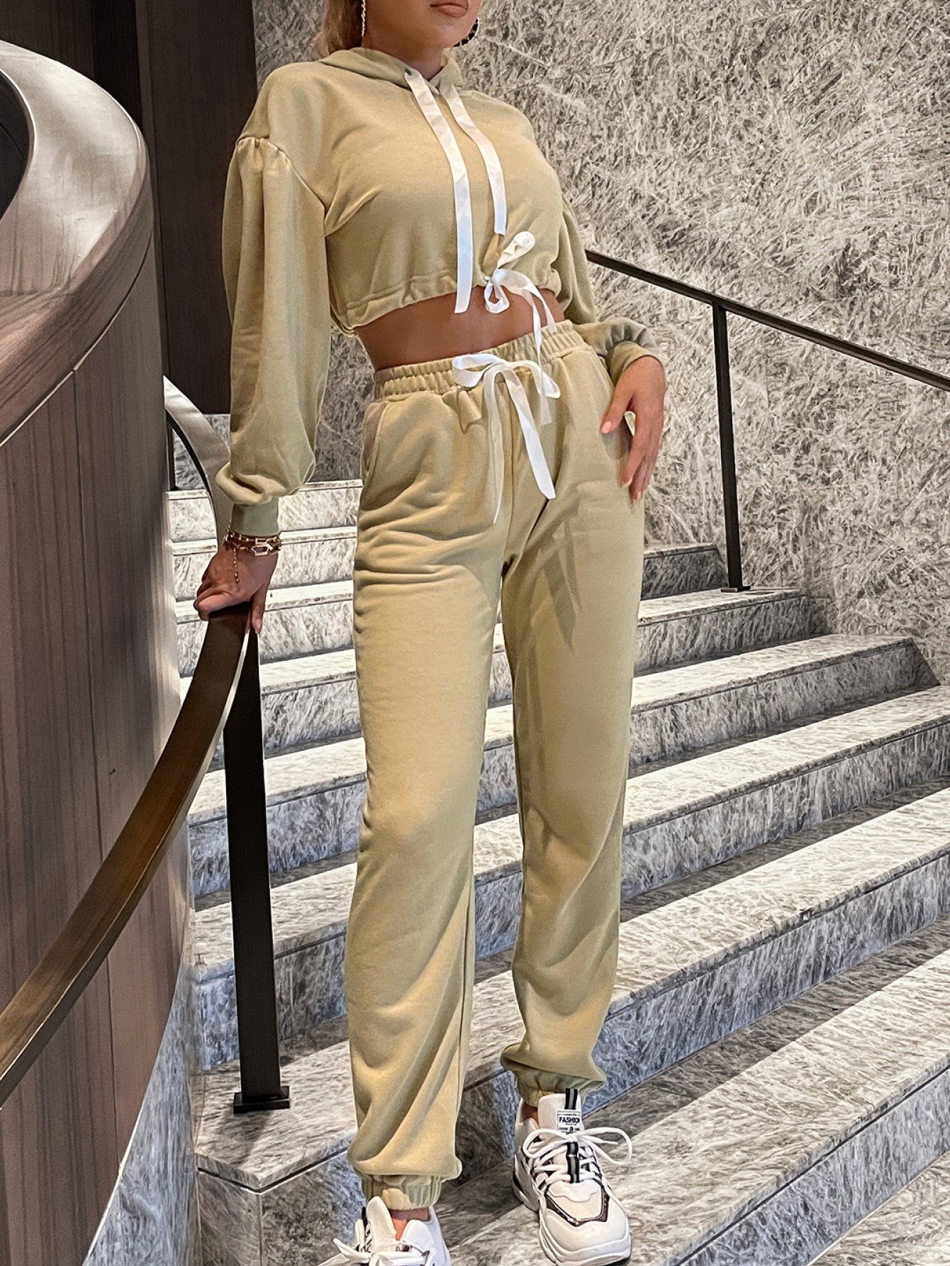 Glamaker Two-Tone Drawstring Cropped Hoodie and Joggers Set - LXM Fashion 