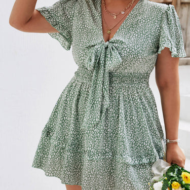 Plus Size Tie Front Flutter Sleeve Mini Dress - LXM Fashion 