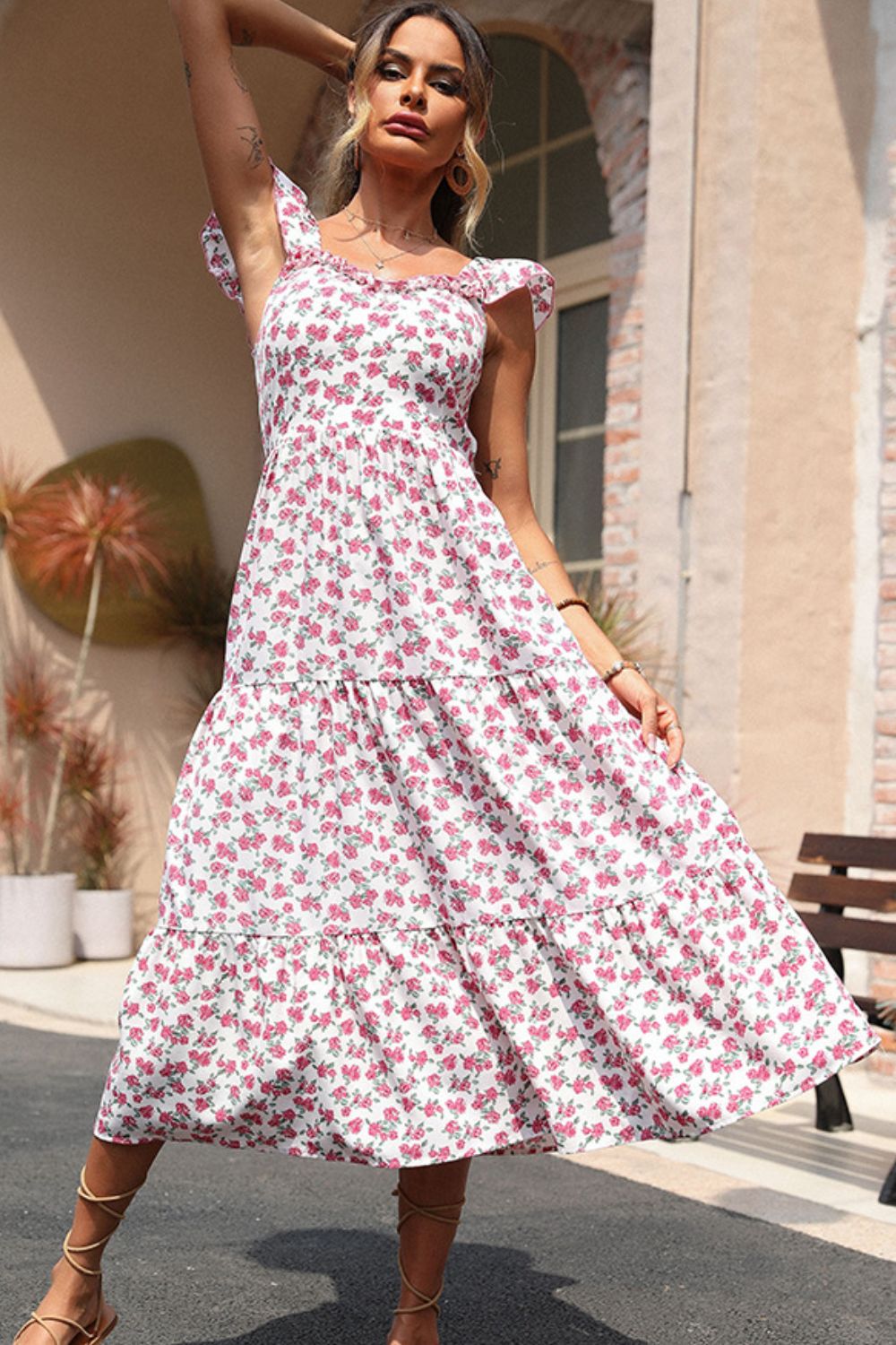 Frill Trim V-Neck Tiered Midi Dress - LXM Fashion 