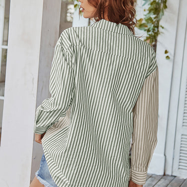 Vertical Stripes Button Down Shirt with Pocket - LXM Fashion 