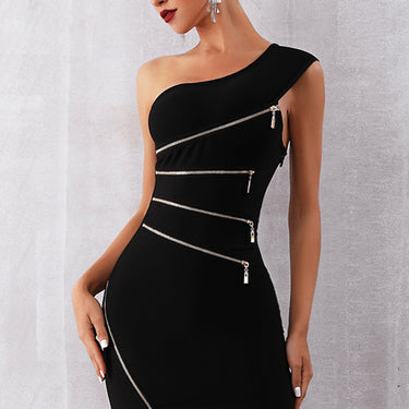 Asymmetric Neck Zipper Detail Party Dress - LXM Fashion 