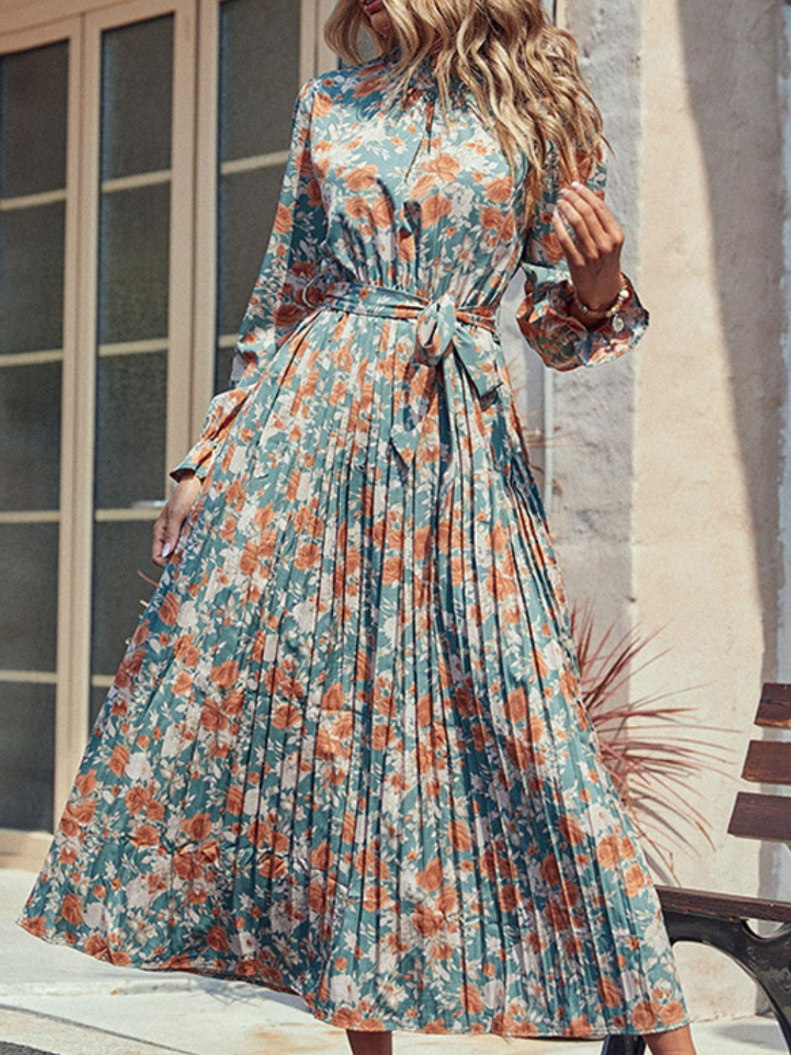 Floral Pleated Flounce Sleeve Midi Dress