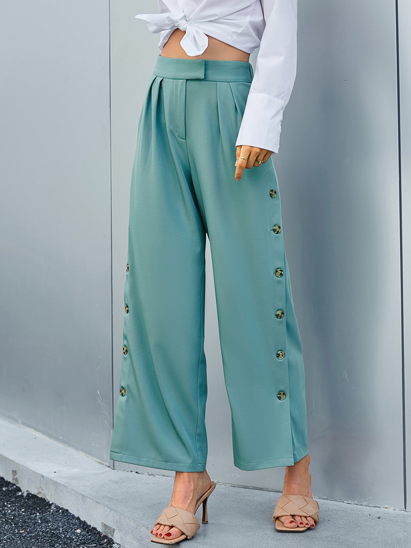 Side Button Wide Leg Pants with Pockets - LXM Fashion 