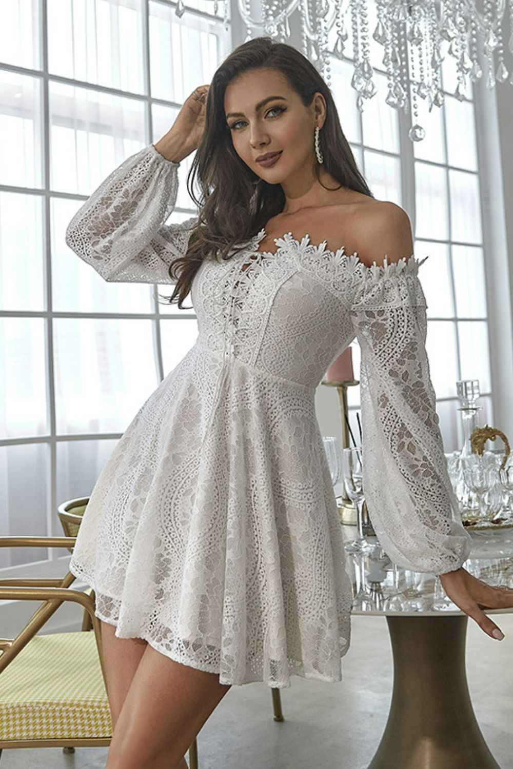 Off-Shoulder Balloon Sleeve Lace-Up Dress