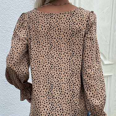 Leopard Flared Sleeve Round Neck Blouse - LXM Fashion 