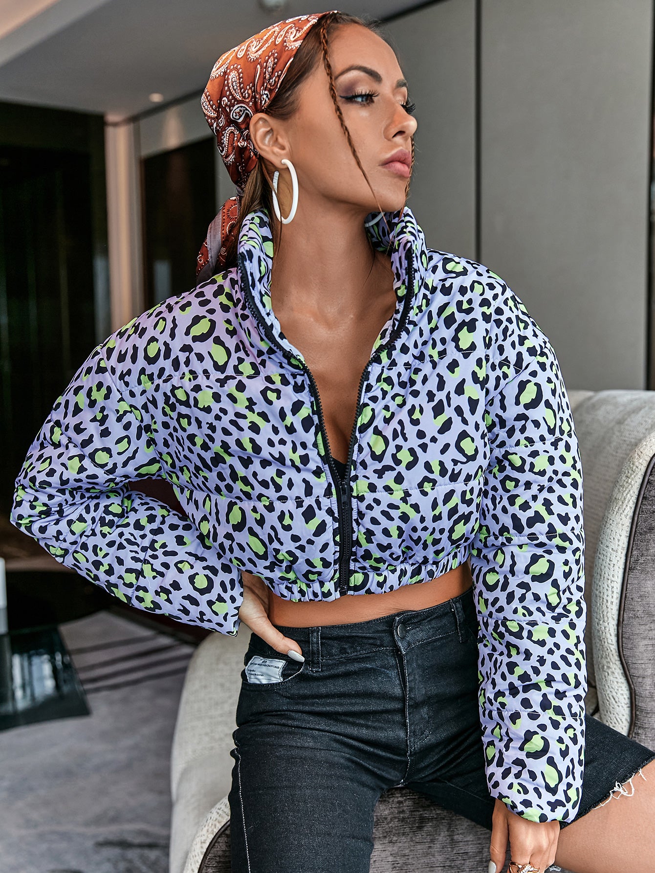 Glamaker Leopard Print Zip Up Cropped Puffer Jacket - LXM Fashion 