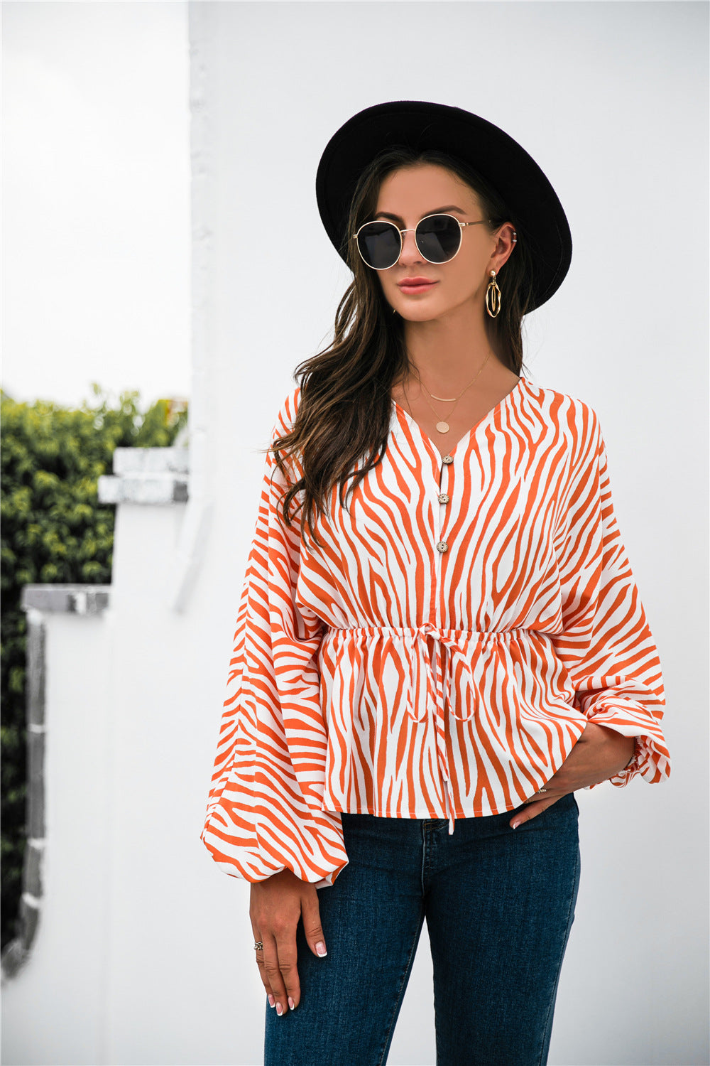 Zebra Print Button Tie Top - LXM Fashion 