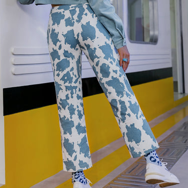 Cow Print Lace-Up Straight Leg Pants - LXM Fashion 