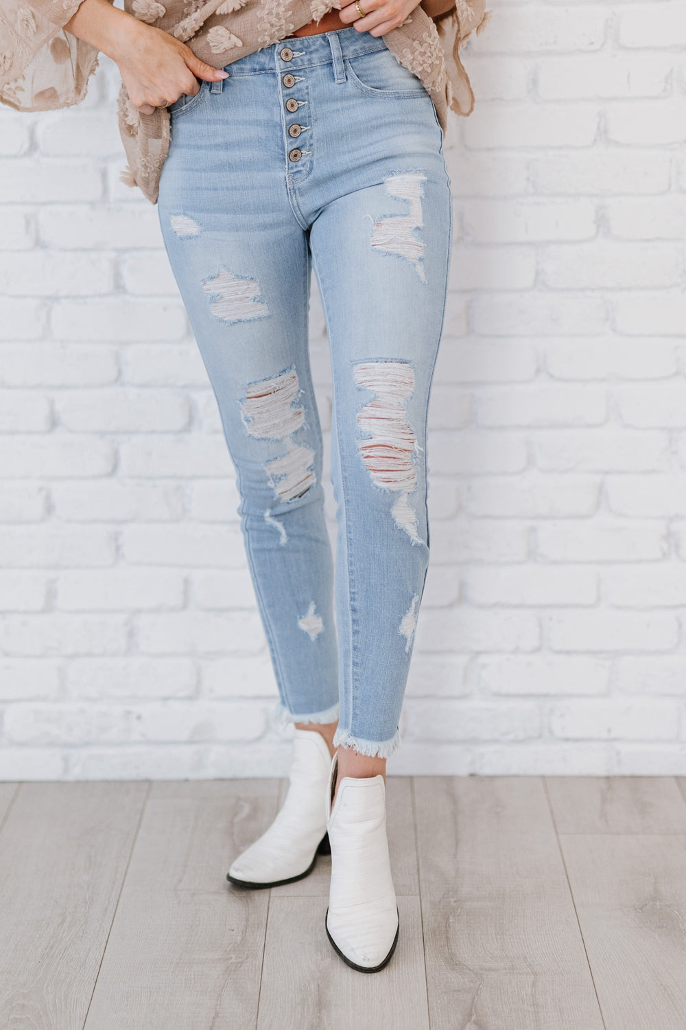 Kancan At Last Distressed Button Fly Skinny Jeans - LXM Fashion 