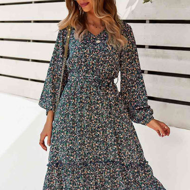 Floral V-Neck Ruffle Swing Dress - LXM Fashion 