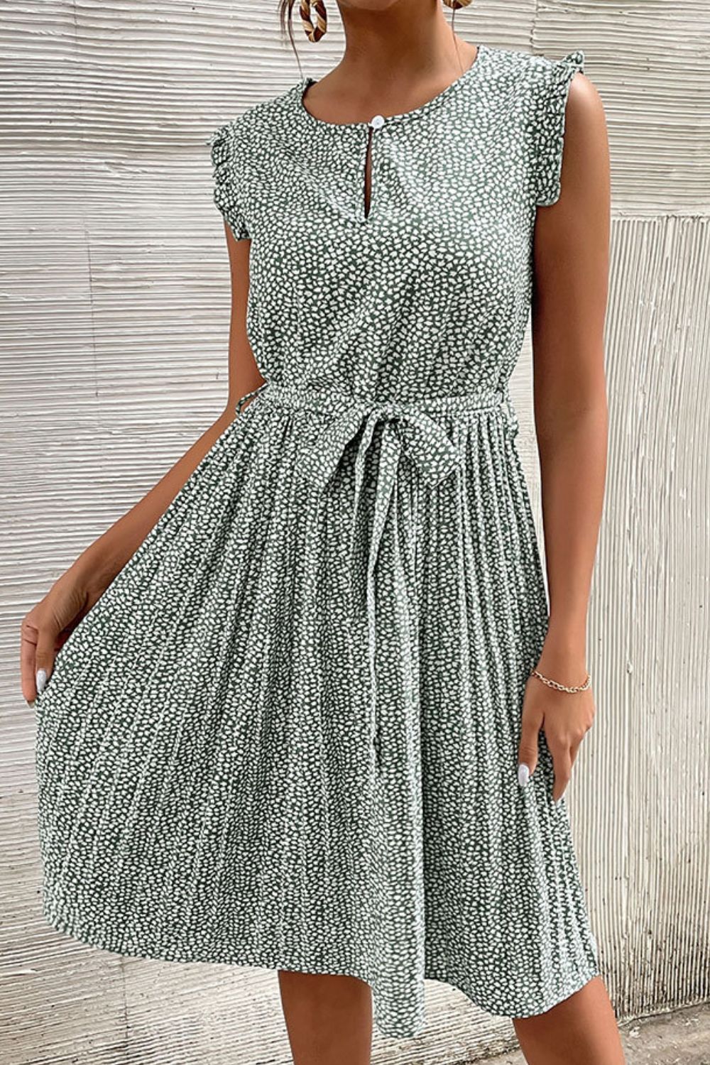 Printed Tie-Waist Flutter Sleeve Pleated Dress - LXM Fashion 