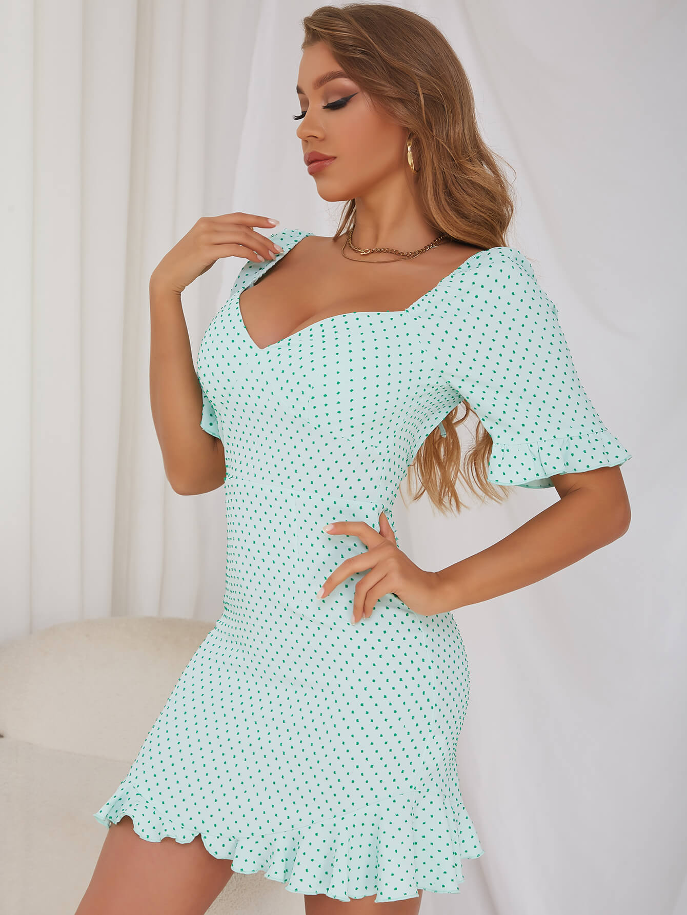 Polka Dot Flounce Sleeve Ruffle Hem Dress - LXM Fashion 