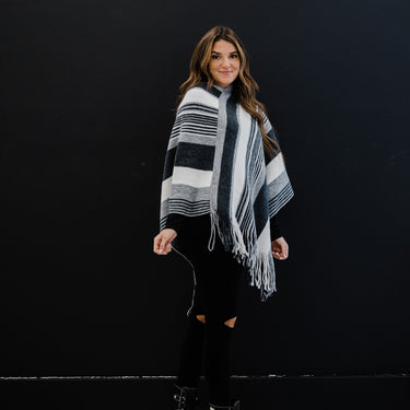 Justin Taylor Striped Fringe Detail Crossover Poncho - LXM Fashion 