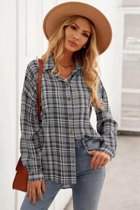 Plaid Print Drop Shoulder Button Down Shirt - LXM Fashion 