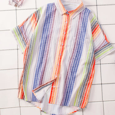 Striped Short Sleeve Button Down Top - LXM Fashion 