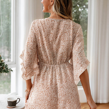 Simplee Ditsy Floral Bell Sleeve Tie-Front Romper - LXM Fashion 