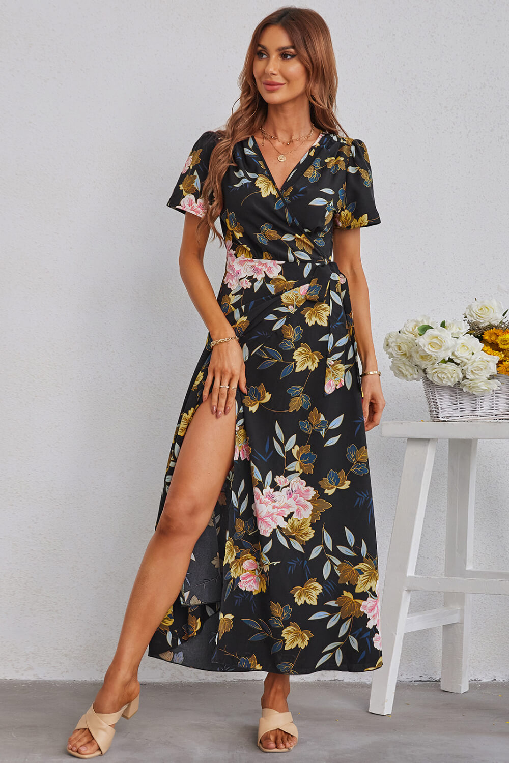 Floral Split Short Sleeve Maxi Dress - LXM Fashion 