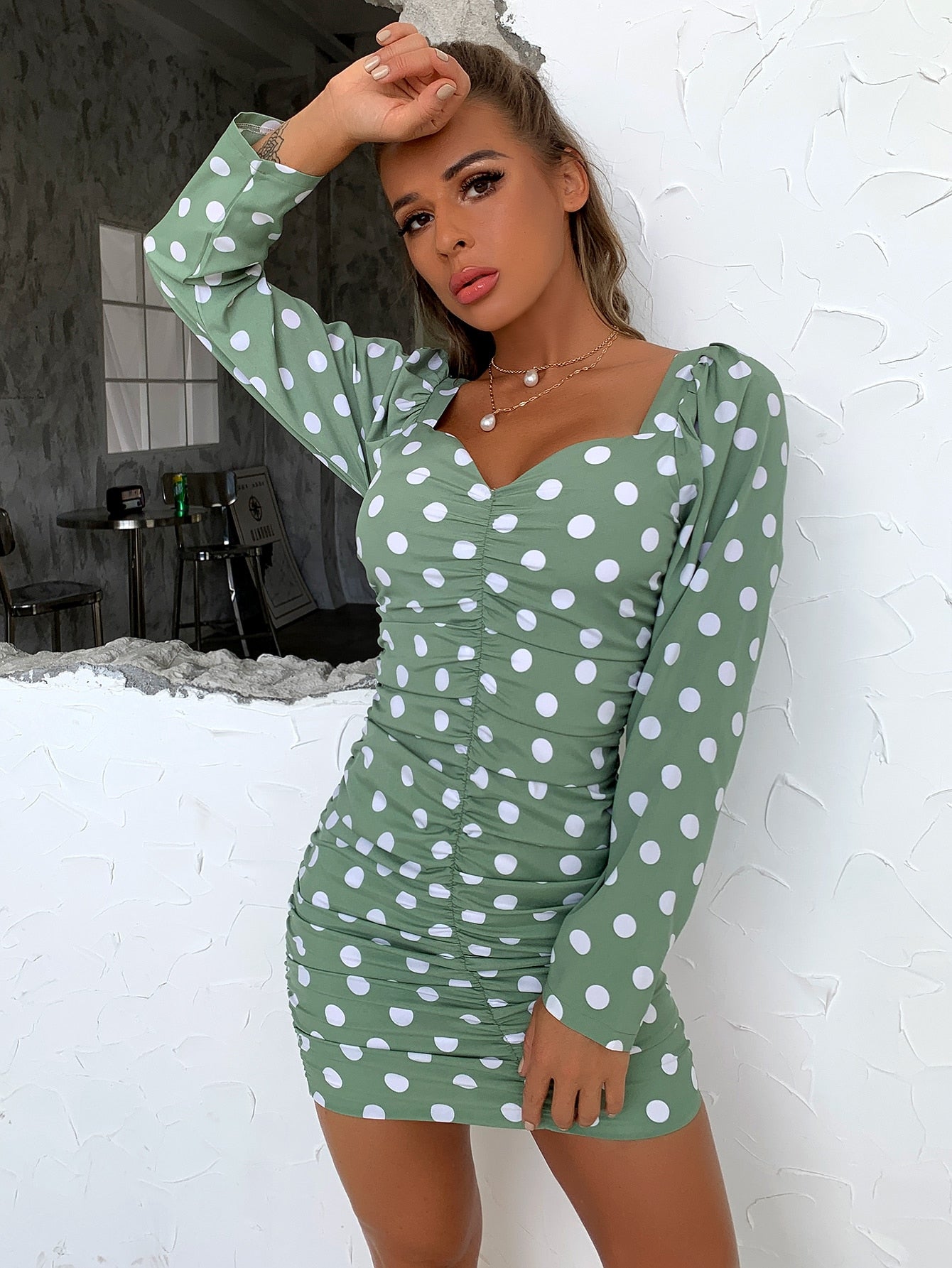 LXM Fashion Polka Dot Ruched Bodycon Dress - LXM Fashion 