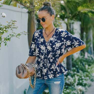Floral V-Neck Peplum Blouse - LXM Fashion 