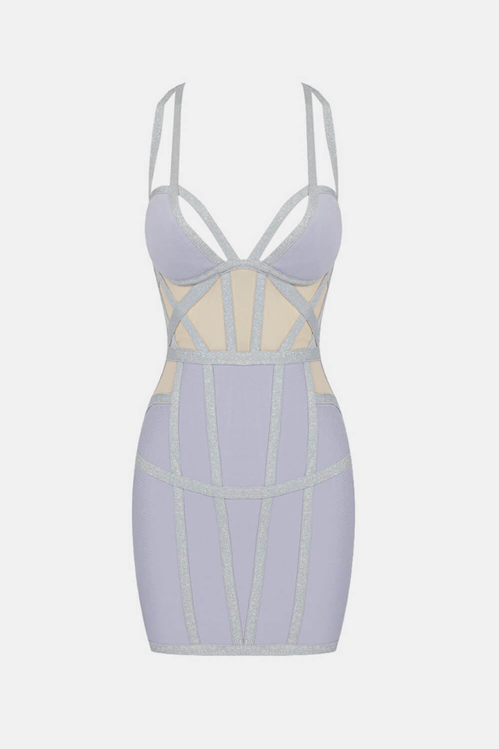 Tricolor Spliced Mesh Plunge Mini Bandage Dress
