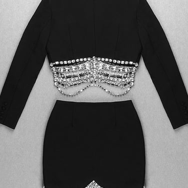 Plunge Neck Rhinestone Tassel Blazer Set - LXM Fashion 