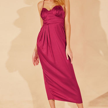 Crisscross Pleated Detail Slit Satin Dress - LXM Fashion 