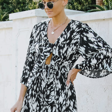 Printed Tie Front Deep V Bell Sleeve Romper - LXM Fashion 