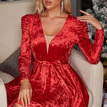 Velvet Puff Sleeve Belted Dress - LXM Fashion 