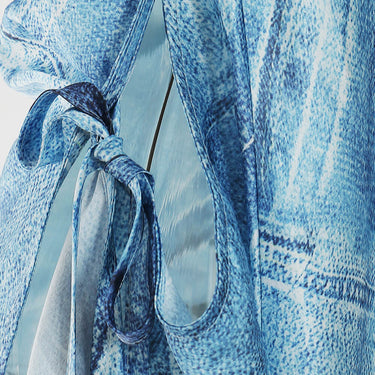 Tie-Shoulder Split Patchwork Denim Dress - LXM Fashion 