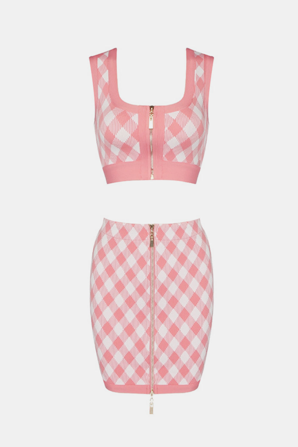 Gingham Zip Front Crop Top and Skirt Set - LXM Fashion 