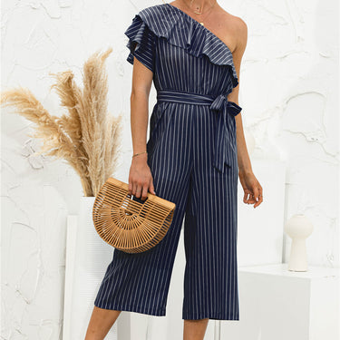 Asymmetric Neck Ruffle Trim Striped Jumpsuit - LXM Fashion 