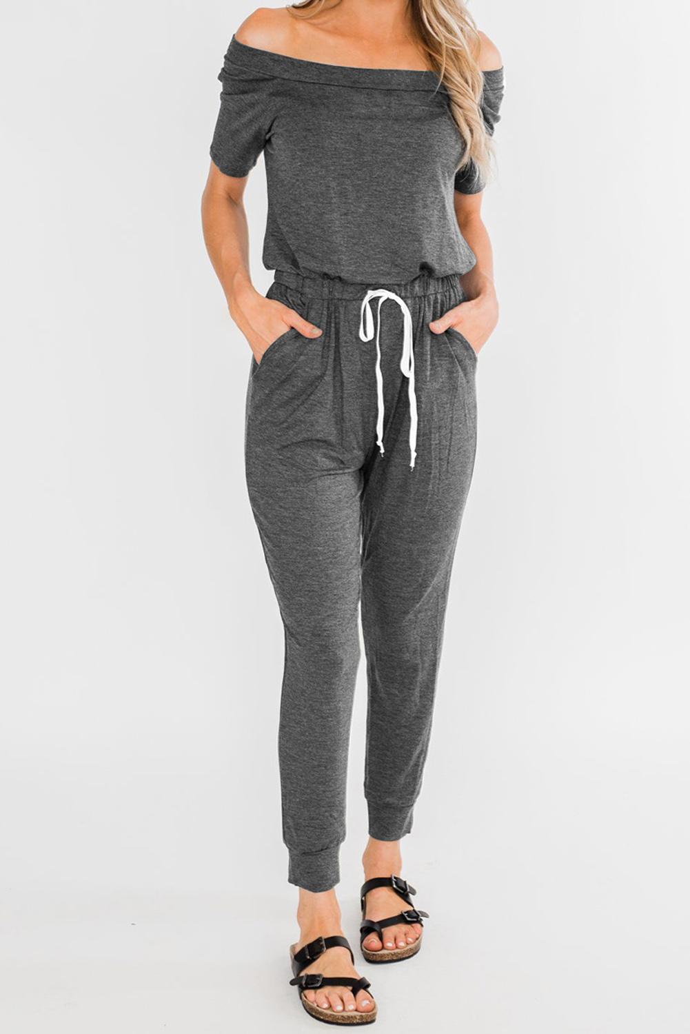 Fashion Collection Off shoulder Drawstrings Cropped Leg Jumpsuit - LXM Fashion 