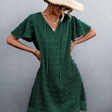 Swiss Dot Tie Neck Mini Dress - LXM Fashion 