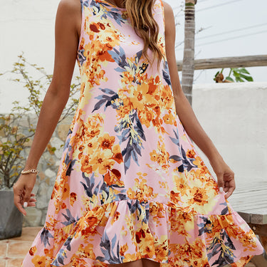 Floral Round Neck Sleeveless Ruffle Hem Dress - LXM Fashion 