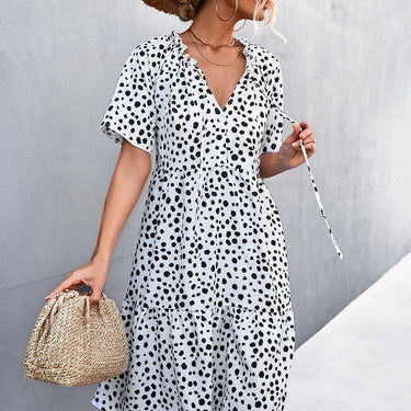 Printed Tie Neck Tiered Dress - LXM Fashion 