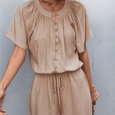 Buttoned Drawstring Waist Romper - LXM Fashion 