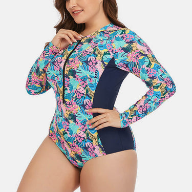 Plus Size Floral Zip Up One-Piece Swimsuit - LXM Fashion 