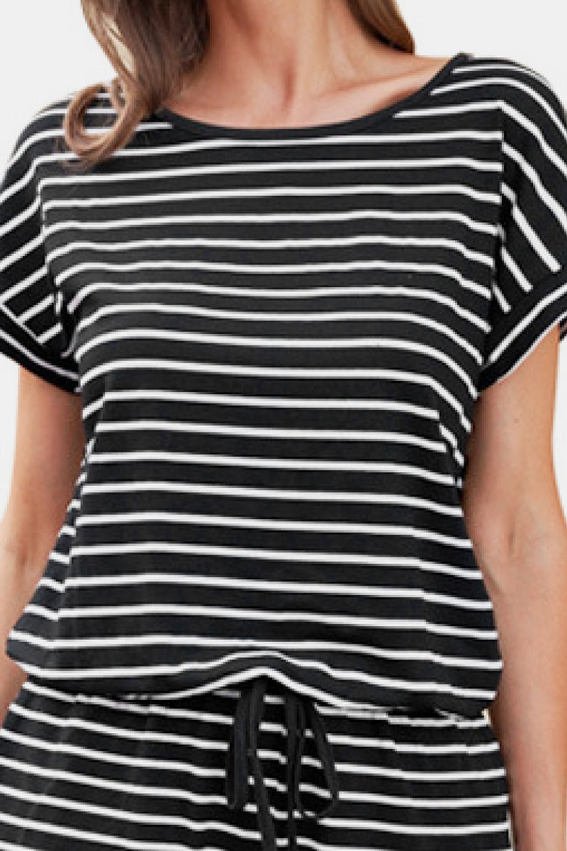 Fashion Collection Striped V-Neck Drawstring Waist Romper - LXM Fashion 