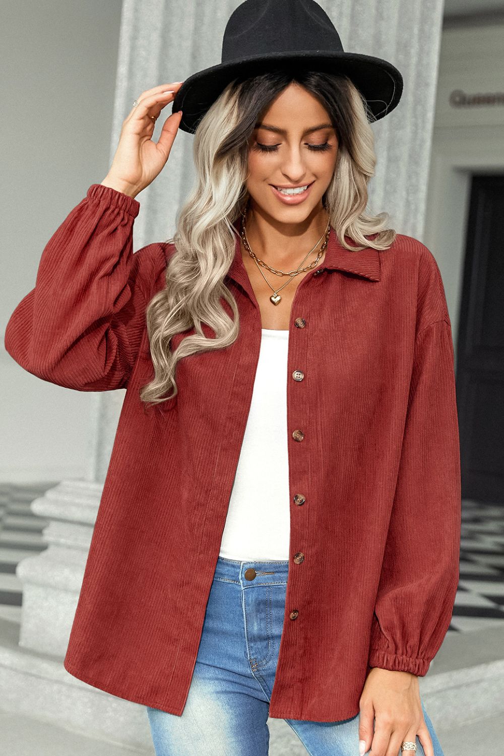 Dropped Shoulder Button Front Collared Jacket
