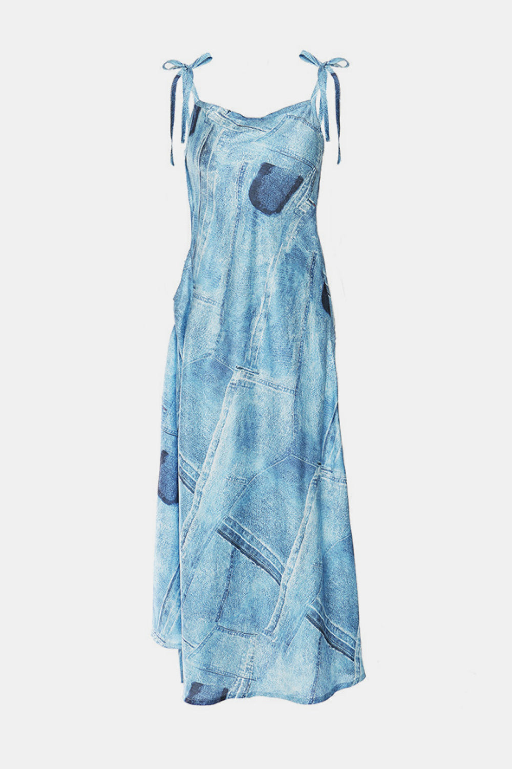 Tie-Shoulder Split Patchwork Denim Dress - LXM Fashion 