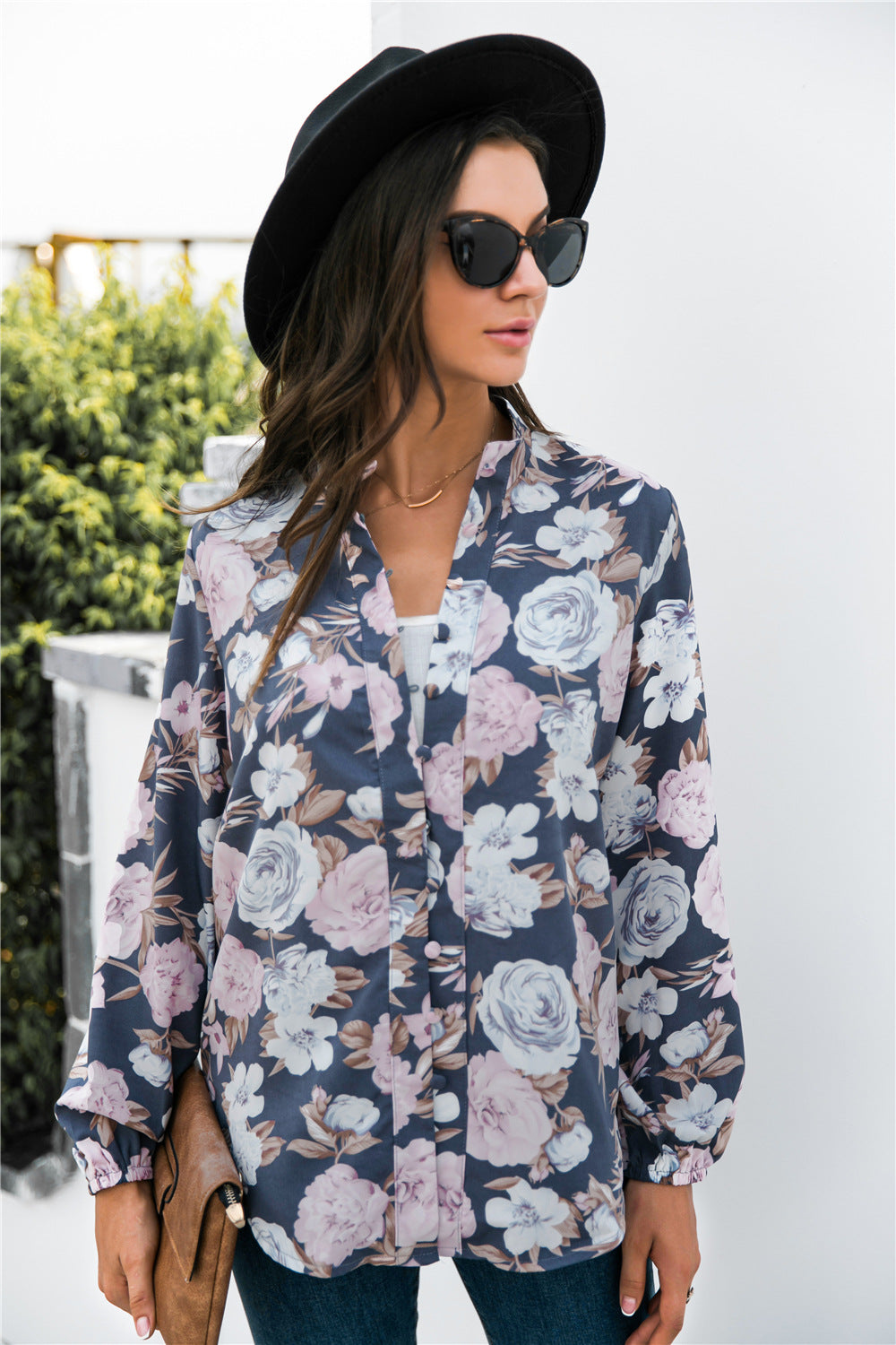Floral Print Covered Button Front Blouse - LXM Fashion 