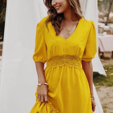 Crochet Waist V-Neck Dress - LXM Fashion 