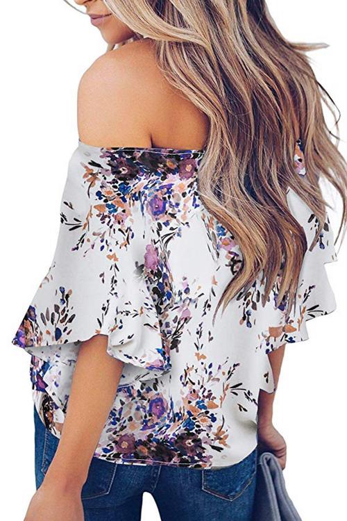 Off Shoulder Floral Tie Front Chiffon Blouse - LXM Fashion 